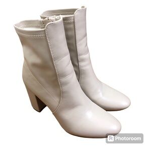 SHEIN Faux Leather Above Ankle Chunky Heel Boots, Beige, Size 8